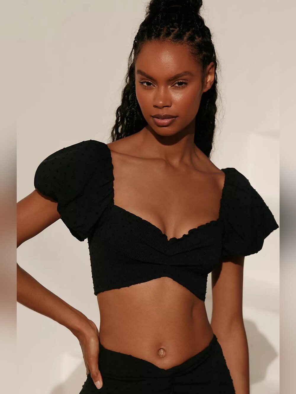 Peixoto Louisa Off-Shoulder Gathered Puff-Sleeve Crop Top In Black Size M